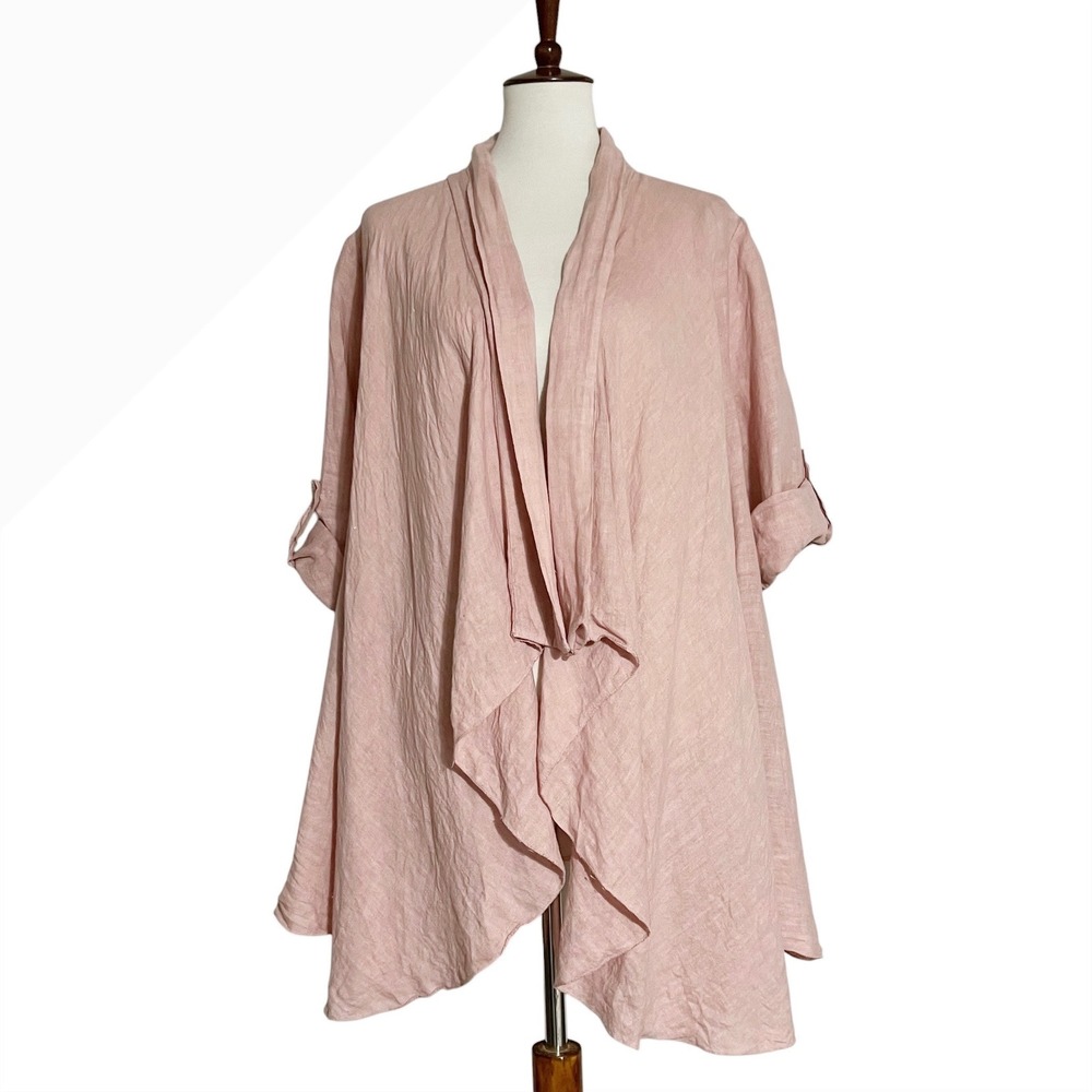 SAGA Italy Pink 100% Linen Waterfall Draped Open Front Roll Tab Cardigan OS